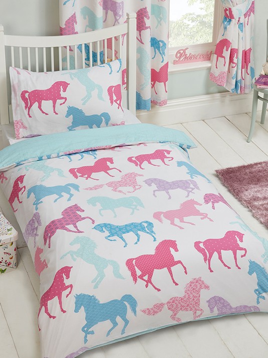 Roze Paard dekbedovertrek paarden ponies patchwork wit blauw turquoise junior peuter